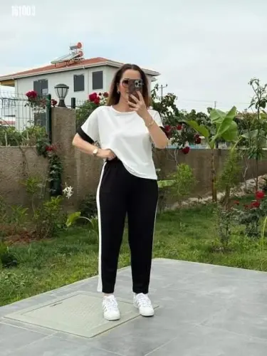 Kadın Kısa Kollu Modal Dokulu Kumaş Yanı şeritli Takım - 6