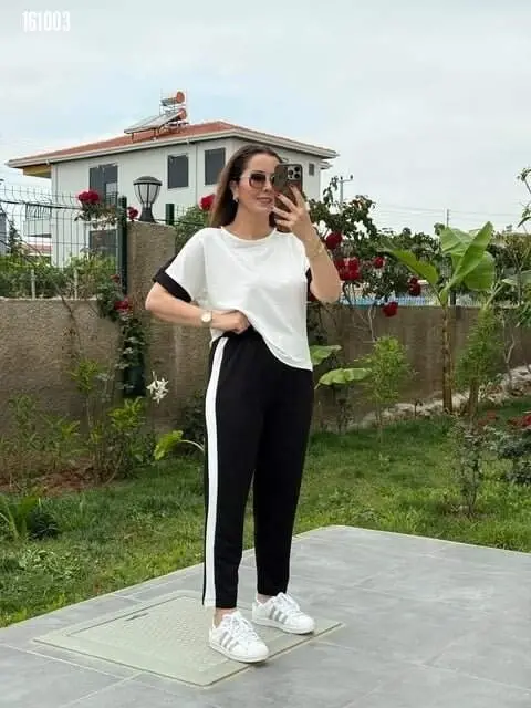 Kadın Kısa Kollu Modal Dokulu Kumaş Yanı şeritli Takım - 7