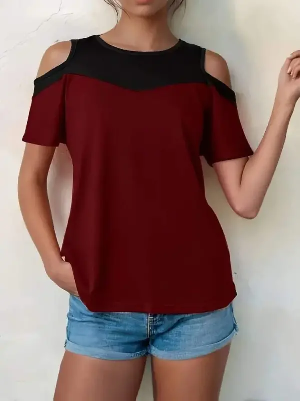 Kadın Kısa Kollu Omuzlardan Açık Detaylı çift Renkli Viskon Bluz - 1