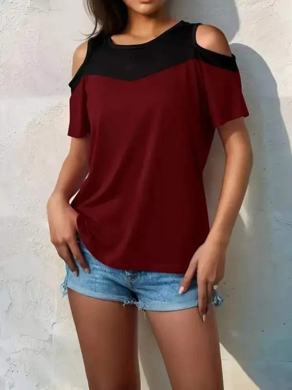 Kadın Kısa Kollu Omuzlardan Açık Detaylı çift Renkli Viskon Bluz - 2