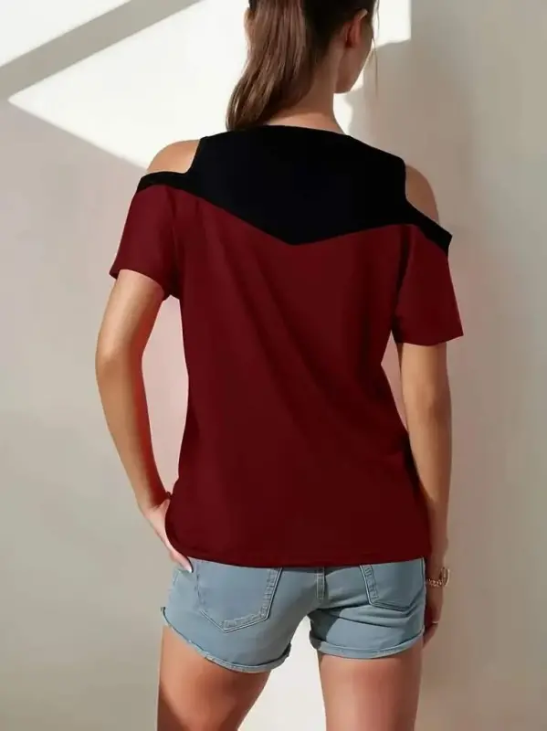 Kadın Kısa Kollu Omuzlardan Açık Detaylı çift Renkli Viskon Bluz - 3