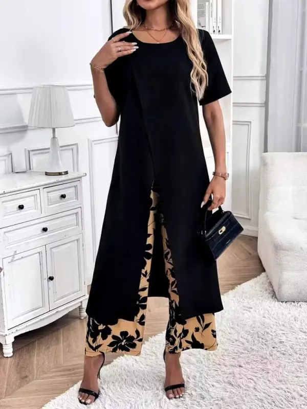 Kadın Kısa Kollu önden çapraz Detaylı Viskon Uzun Bluz Ve Desenli Iki Iplik Pantolon Ikili Takım - 1