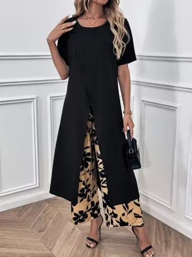 Kadın Kısa Kollu önden çapraz Detaylı Viskon Uzun Bluz Ve Desenli Iki Iplik Pantolon Ikili Takım - 3