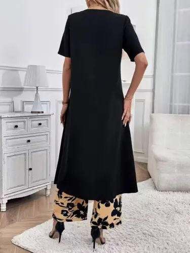 Kadın Kısa Kollu önden çapraz Detaylı Viskon Uzun Bluz Ve Desenli Iki Iplik Pantolon Ikili Takım - 5