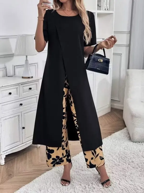 Kadın Kısa Kollu önden çapraz Detaylı Viskon Uzun Bluz Ve Desenli Iki Iplik Pantolon Ikili Takım - 4