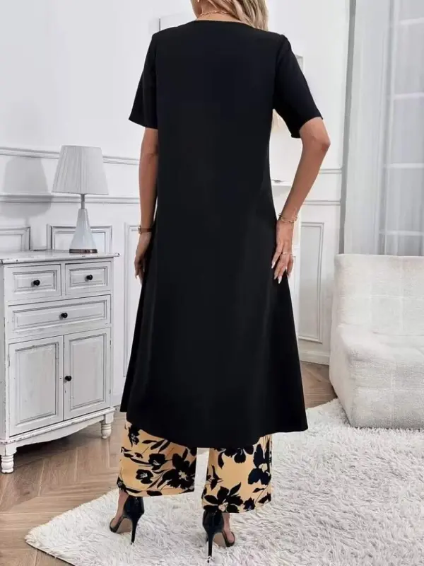 Kadın Kısa Kollu önden çapraz Detaylı Viskon Uzun Bluz Ve Desenli Iki Iplik Pantolon Ikili Takım - 5