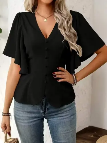 Kadın Kısa Kollu önden Düğmeli Ithal Krep Bluz - 2