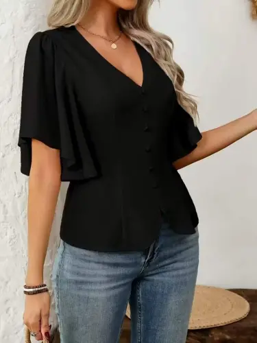 Kadın Kısa Kollu önden Düğmeli Ithal Krep Bluz - 4