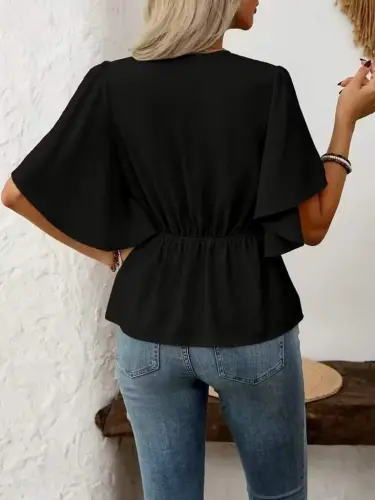 Kadın Kısa Kollu önden Düğmeli Ithal Krep Bluz - 5