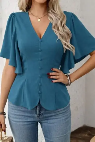 Kadın Kısa Kollu önden Düğmeli Ithal Krep Bluz - BÜYÜKBEDENIZ (1)