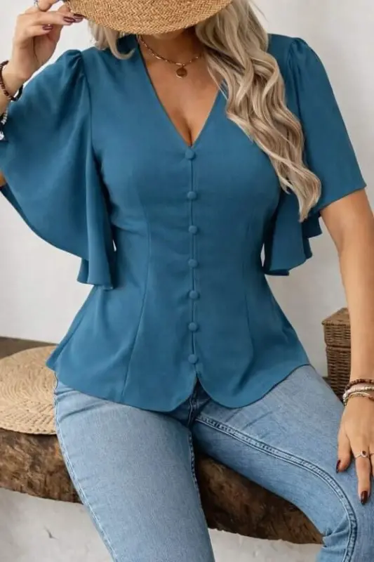 Kadın Kısa Kollu önden Düğmeli Ithal Krep Bluz - 4