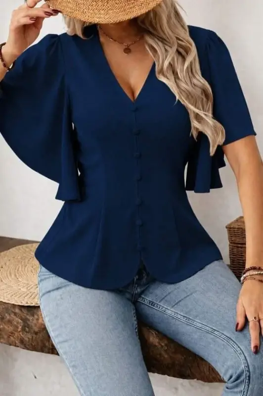 Kadın Kısa Kollu önden Düğmeli Ithal Krep Bluz - 3