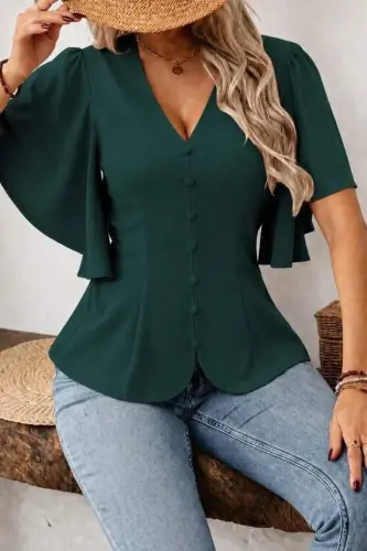 Kadın Kısa Kollu önden Düğmeli Ithal Krep Bluz - 2