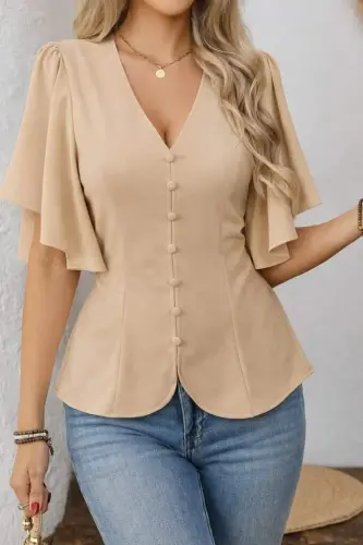 Kadın Kısa Kollu önden Düğmeli Ithal Krep Bluz - 1