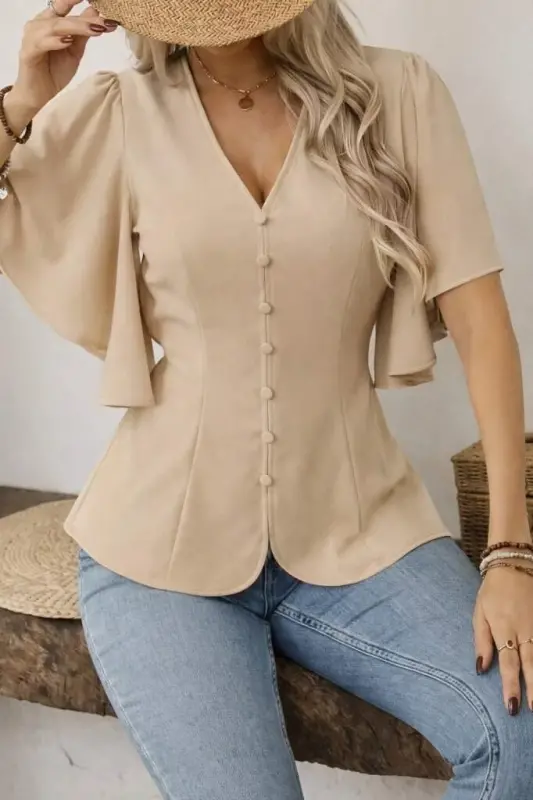 Kadın Kısa Kollu önden Düğmeli Ithal Krep Bluz - 3