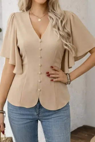 Kadın Kısa Kollu önden Düğmeli Ithal Krep Bluz - BÜYÜKBEDENIZ (1)