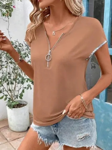 Kadın Kısa Kollu önden Fermuarlı Kol Ucu ışıltılı Viskon Bluz - 3