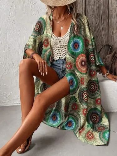 Kadın Kısa Kollu önü Açık Belden Kuşaklı Uzun Kimono - 1