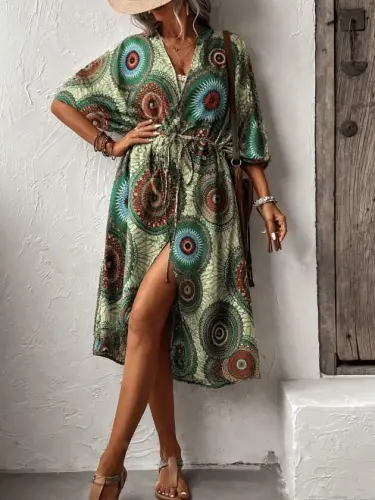 Kadın Kısa Kollu önü Açık Belden Kuşaklı Uzun Kimono - BÜYÜKBEDENIZ (1)