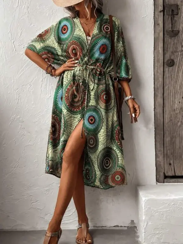 Kadın Kısa Kollu önü Açık Belden Kuşaklı Uzun Kimono - 2