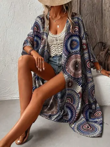 Kadın Kısa Kollu önü Açık Belden Kuşaklı Uzun Kimono - 1