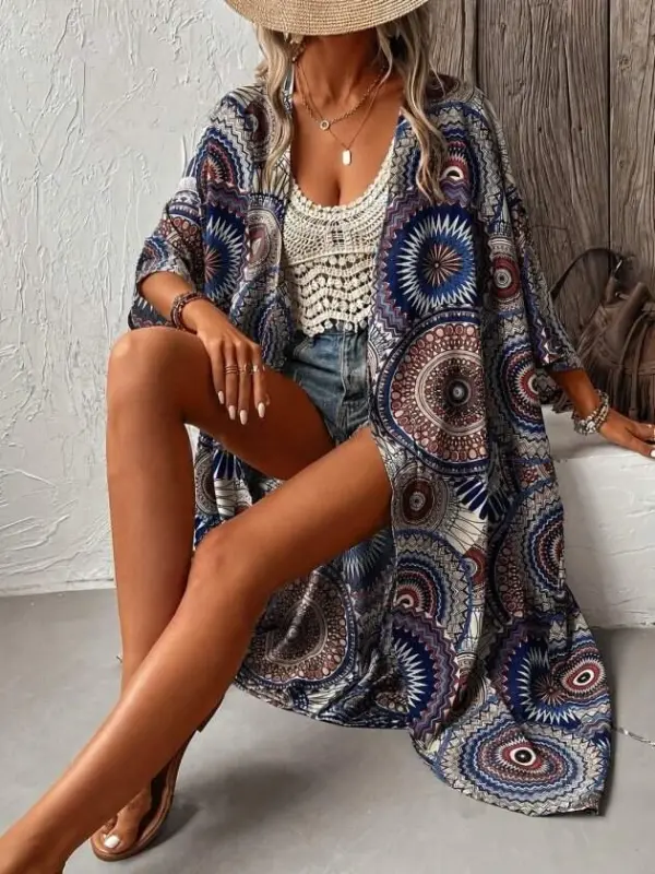 Kadın Kısa Kollu önü Açık Belden Kuşaklı Uzun Kimono - BÜYÜKBEDENIZ