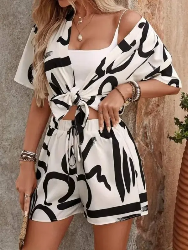 Kadın Kısa Kollu önü Açık Modal Ceket Ve Bağcıklı Kısa Short Ikili Takım - BÜYÜKBEDENIZ