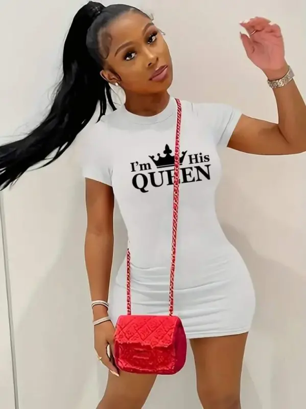 Kadın Kısa Kollu Queen Baskı Iki Iplik Mini Elbise - BÜYÜKBEDENIZ