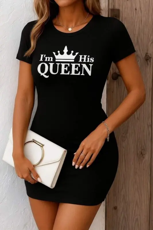 Kadın Kısa Kollu Queen Baskı Iki Iplik Mini Elbise - BÜYÜKBEDENIZ