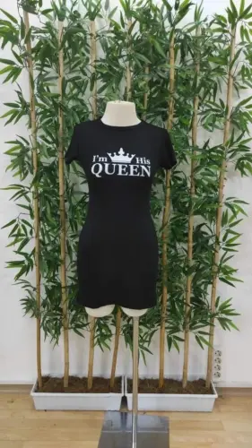 Kadın Kısa Kollu Queen Baskı Iki Iplik Mini Elbise - BÜYÜKBEDENIZ (1)