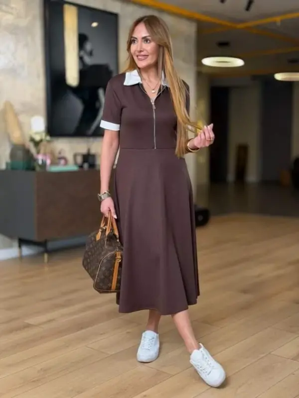 Kadın Kısa Kollu Ribana Ve Fermuar Detay Midi Boy Elbise - BÜYÜKBEDENIZ