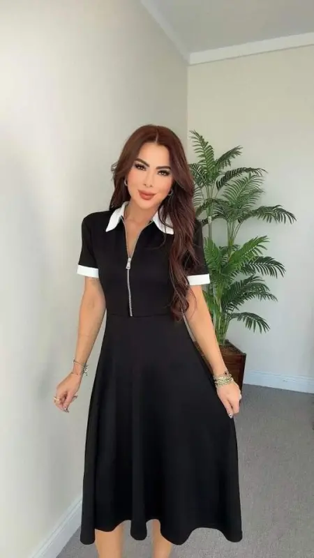 Kadın Kısa Kollu Ribana Ve Fermuar Detay Midi Boy Elbise - 1