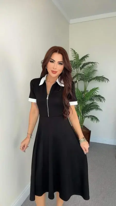 Kadın Kısa Kollu Ribana Ve Fermuar Detay Midi Boy Elbise - 3