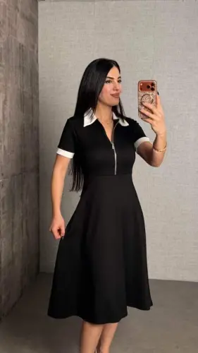 Kadın Kısa Kollu Ribana Ve Fermuar Detay Midi Boy Elbise - 7