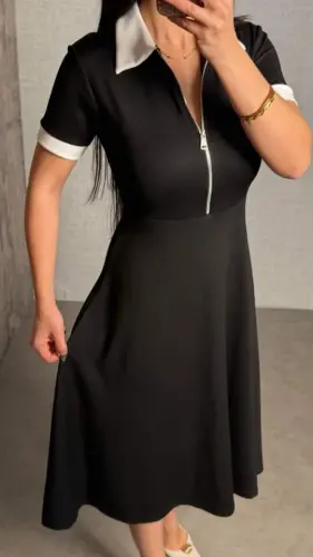 Kadın Kısa Kollu Ribana Ve Fermuar Detay Midi Boy Elbise - 8