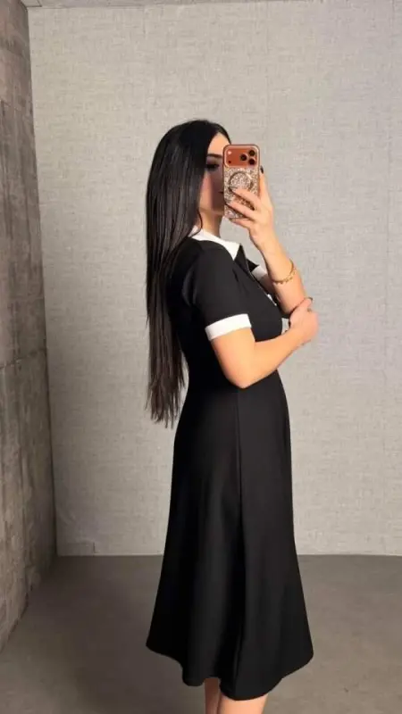 Kadın Kısa Kollu Ribana Ve Fermuar Detay Midi Boy Elbise - 9