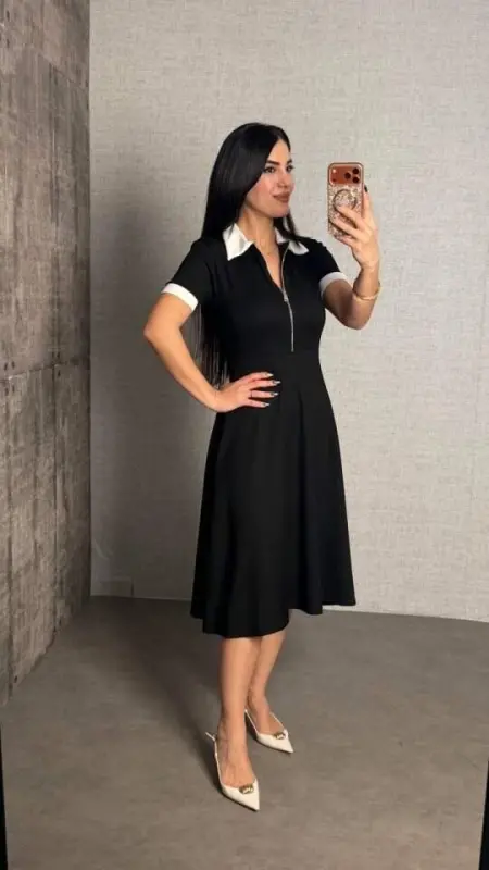 Kadın Kısa Kollu Ribana Ve Fermuar Detay Midi Boy Elbise - 10