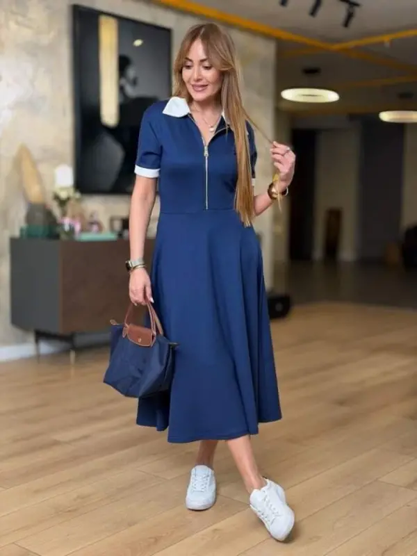 Kadın Kısa Kollu Ribana Ve Fermuar Detay Midi Boy Elbise - 2