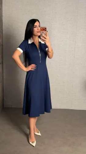 Kadın Kısa Kollu Ribana Ve Fermuar Detay Midi Boy Elbise - 3