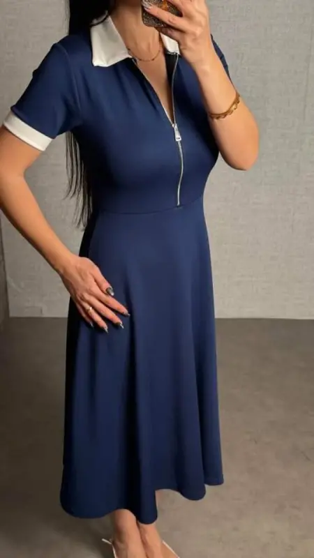 Kadın Kısa Kollu Ribana Ve Fermuar Detay Midi Boy Elbise - 4