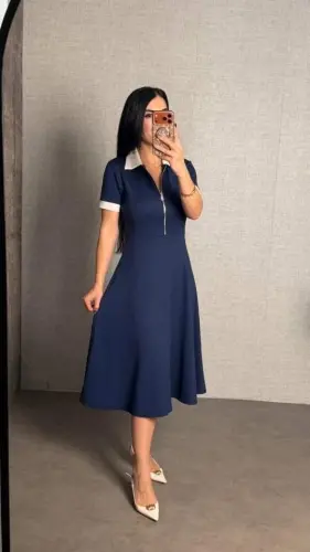 Kadın Kısa Kollu Ribana Ve Fermuar Detay Midi Boy Elbise - 6