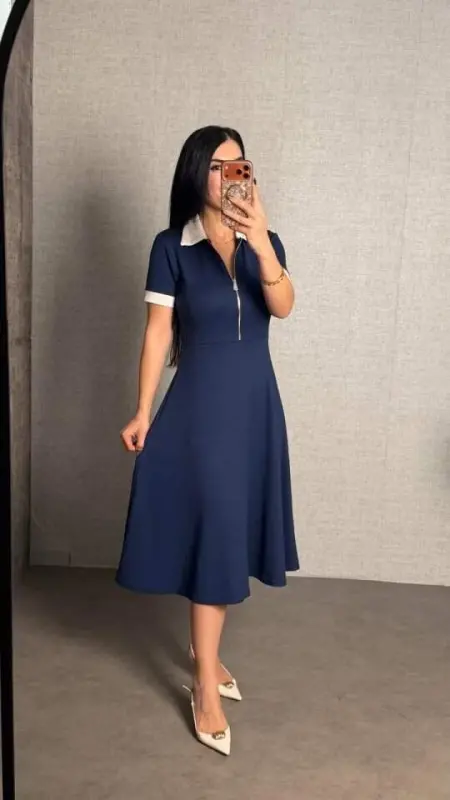 Kadın Kısa Kollu Ribana Ve Fermuar Detay Midi Boy Elbise - 6