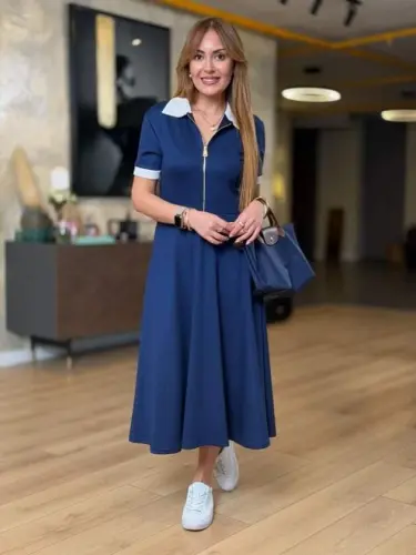 Kadın Kısa Kollu Ribana Ve Fermuar Detay Midi Boy Elbise - 8