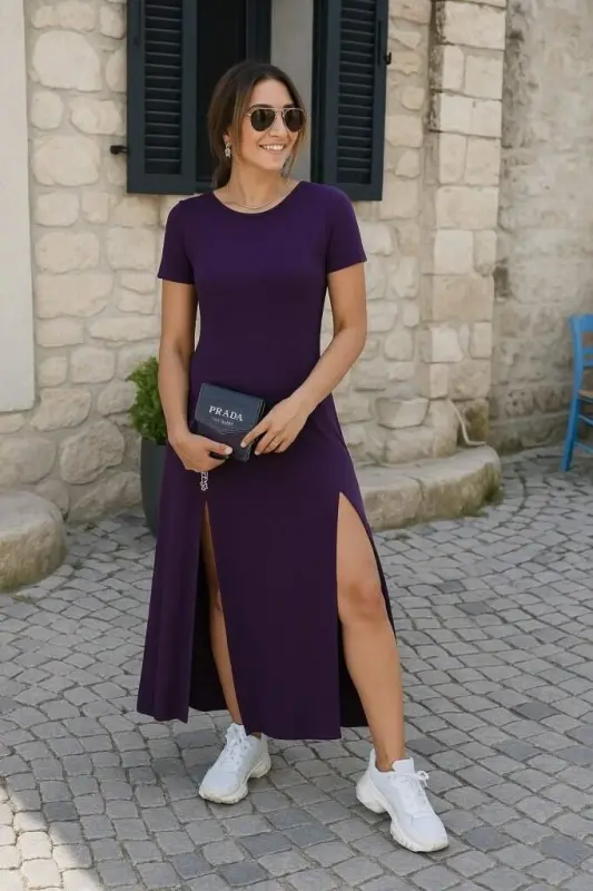 Kadın Kısa Kollu Sırt Dekolteli Yırtmaç Detaylı Viskon Elbise - BÜYÜKBEDENIZ