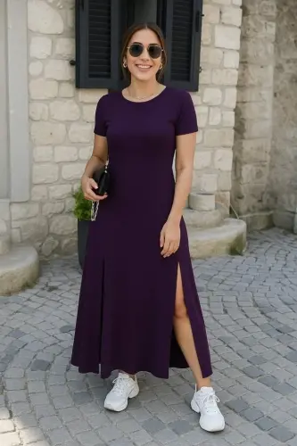 Kadın Kısa Kollu Sırt Dekolteli Yırtmaç Detaylı Viskon Elbise - BÜYÜKBEDENIZ (1)