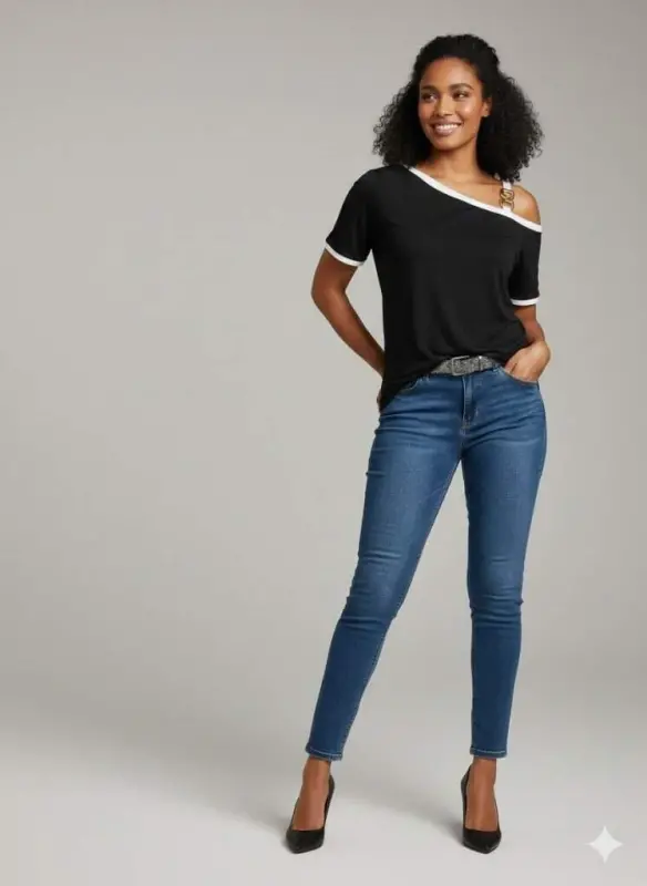 Kadın Kısa Kollu Tek Omuzu Açık Askı Toka Detaylı Viskon Bluz - 7