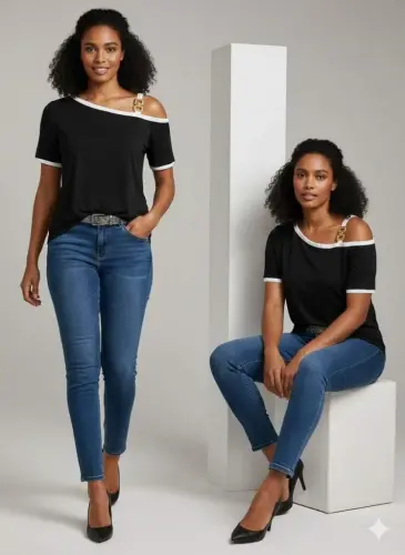 Kadın Kısa Kollu Tek Omuzu Açık Askı Toka Detaylı Viskon Bluz - 6