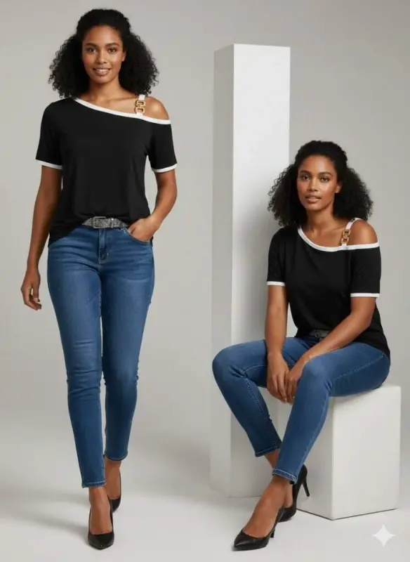 Kadın Kısa Kollu Tek Omuzu Açık Askı Toka Detaylı Viskon Bluz - 6