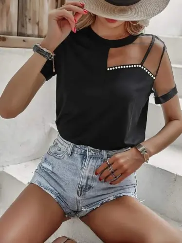 Kadın Kısa Kollu Tül Detaylı Taşlı Janjan Krep Bluz - 3