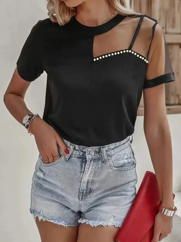 Kadın Kısa Kollu Tül Detaylı Taşlı Janjan Krep Bluz - 4